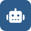Icon of a robot on a blue background. The robot has large eyes and a simple, friendly shape.